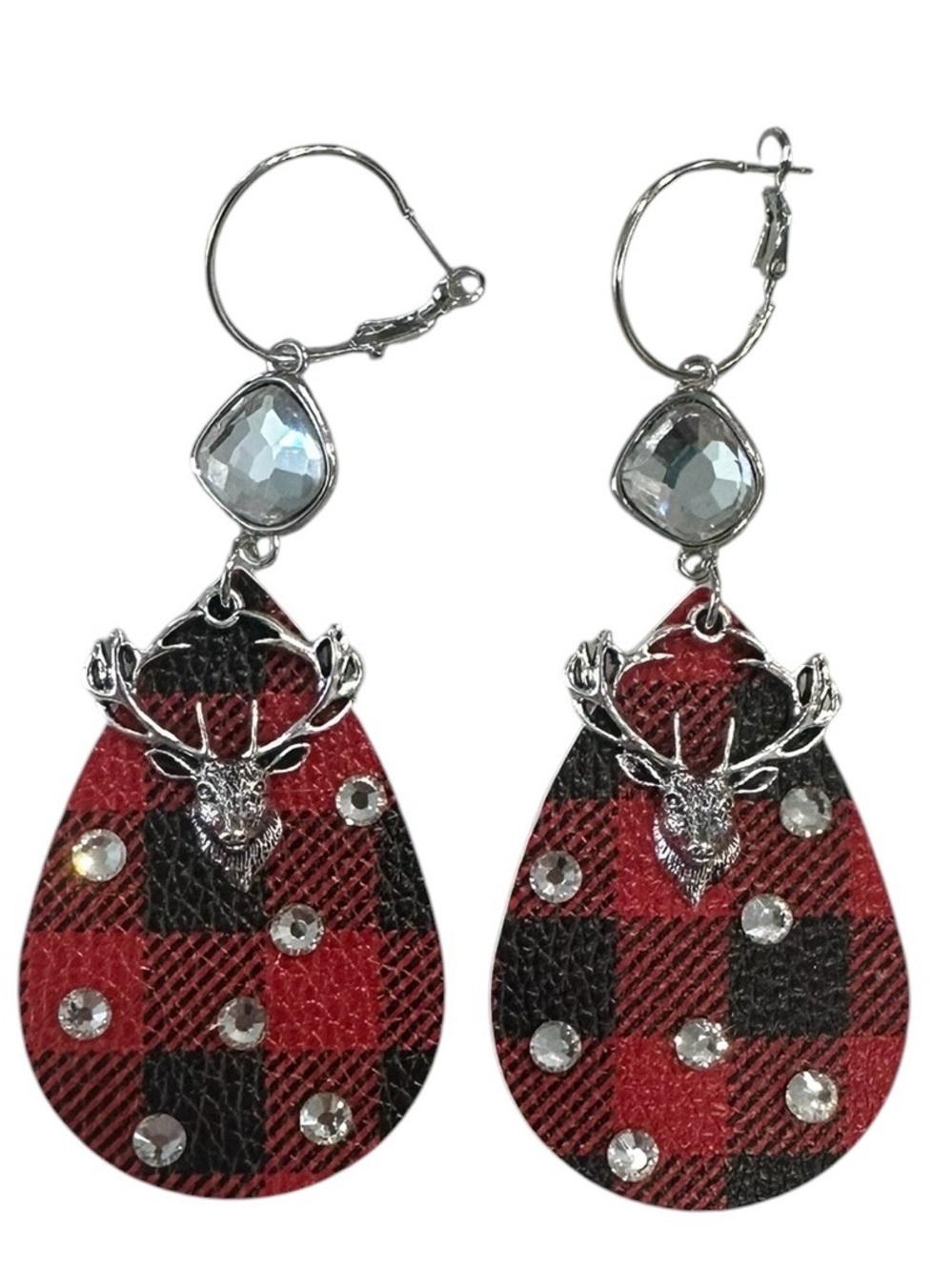 Red Buffalo Plaid Deer Teardrop Rhinestone Earrings